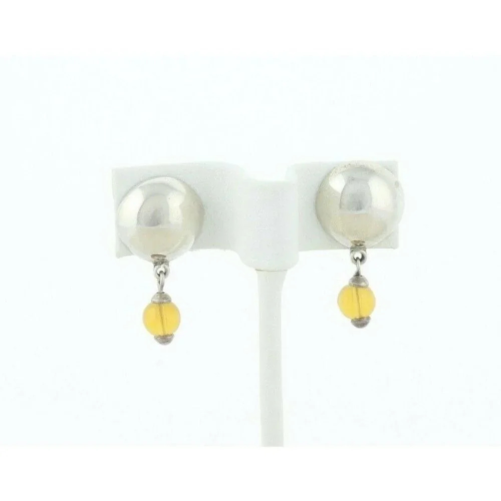 Sterling Silver Button Earrings with Yellow Glass Bead Dangle Drop Earrings - Picture 4 of 7